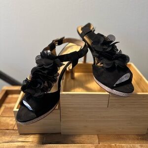 Black Floral Open Toe Heels Size 10